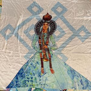 100% Silk Scarf Mongolian Art Print Woman with‎ Instrument Large Square Wrap